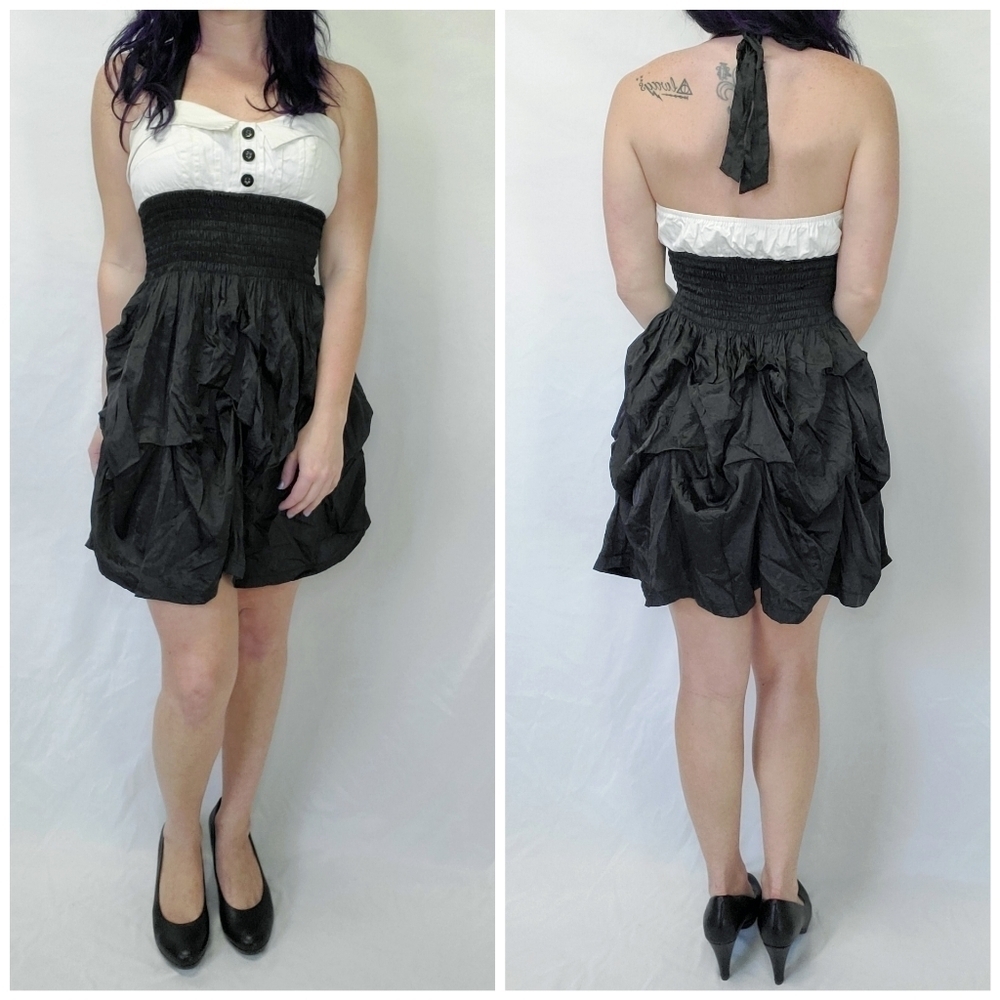 Forever 21 White & Black Colorblock Ruched Hem Halter Dress